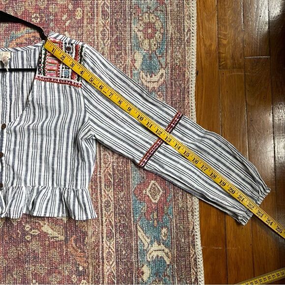 Small Raga Women’s Striped cropped Boho Blouse with Button & Embroidered Details - Picture 10 of 13